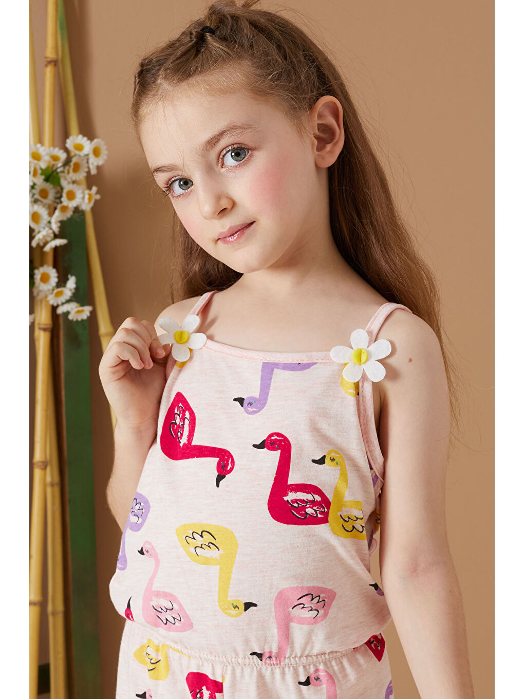 Ekru Krem Kuğu Baskılı Yazlık Kız Çocuk Şort Tulum-1