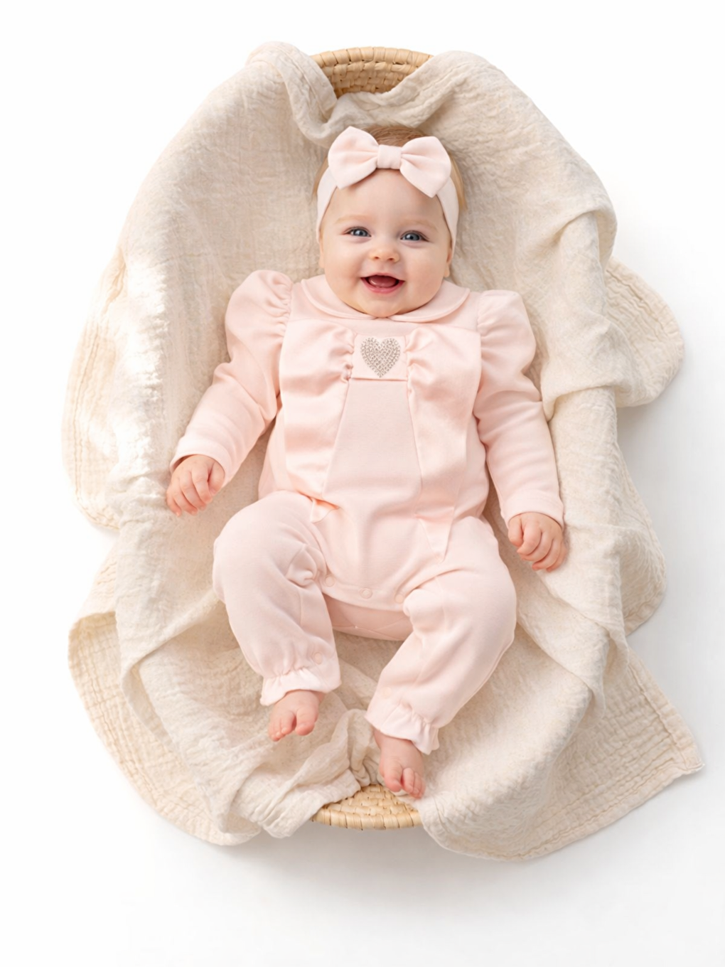 Pembe Kız Bebek Bayramlık Özel Tulum Kalpli Pamuklu Saç Tokalı 2li Tulum Seti-3