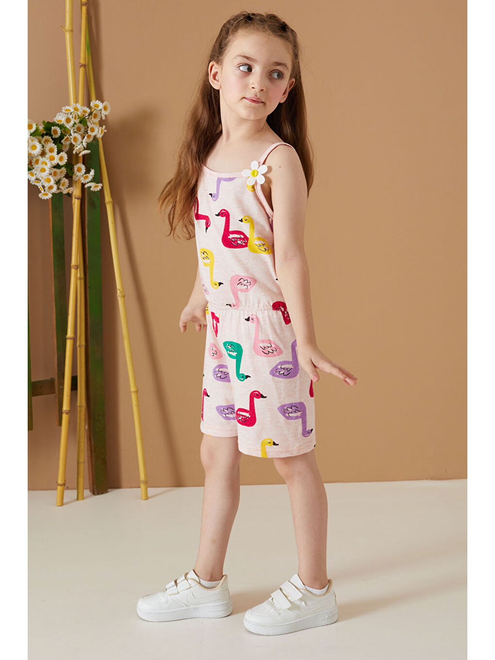 Ekru Krem Kuğu Baskılı Yazlık Kız Çocuk Şort Tulum-4