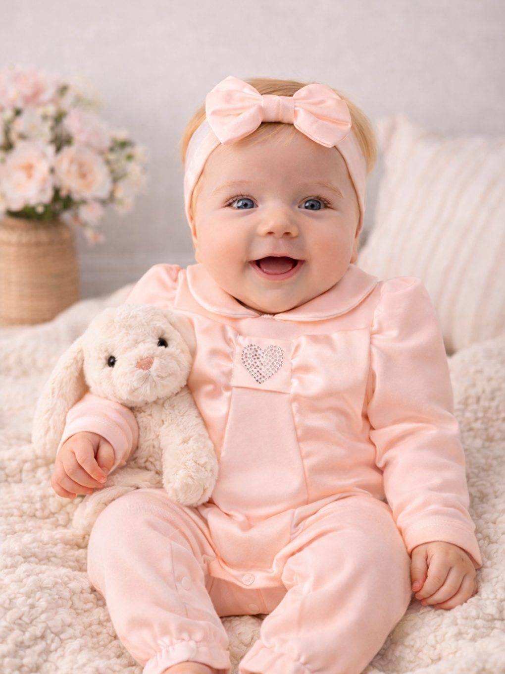 Pembe Kız Bebek Bayramlık Özel Tulum Kalpli Pamuklu Saç Tokalı 2li Tulum Seti-4