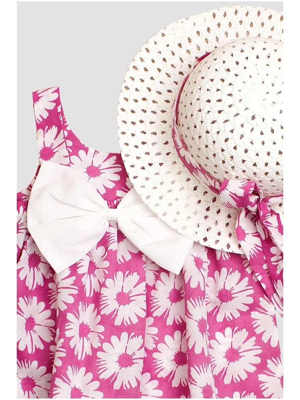 Pembe Şapkalı Papatya Çiçek Desenli Fiyonklu Esnek Kız Bebek Elbisesi-1