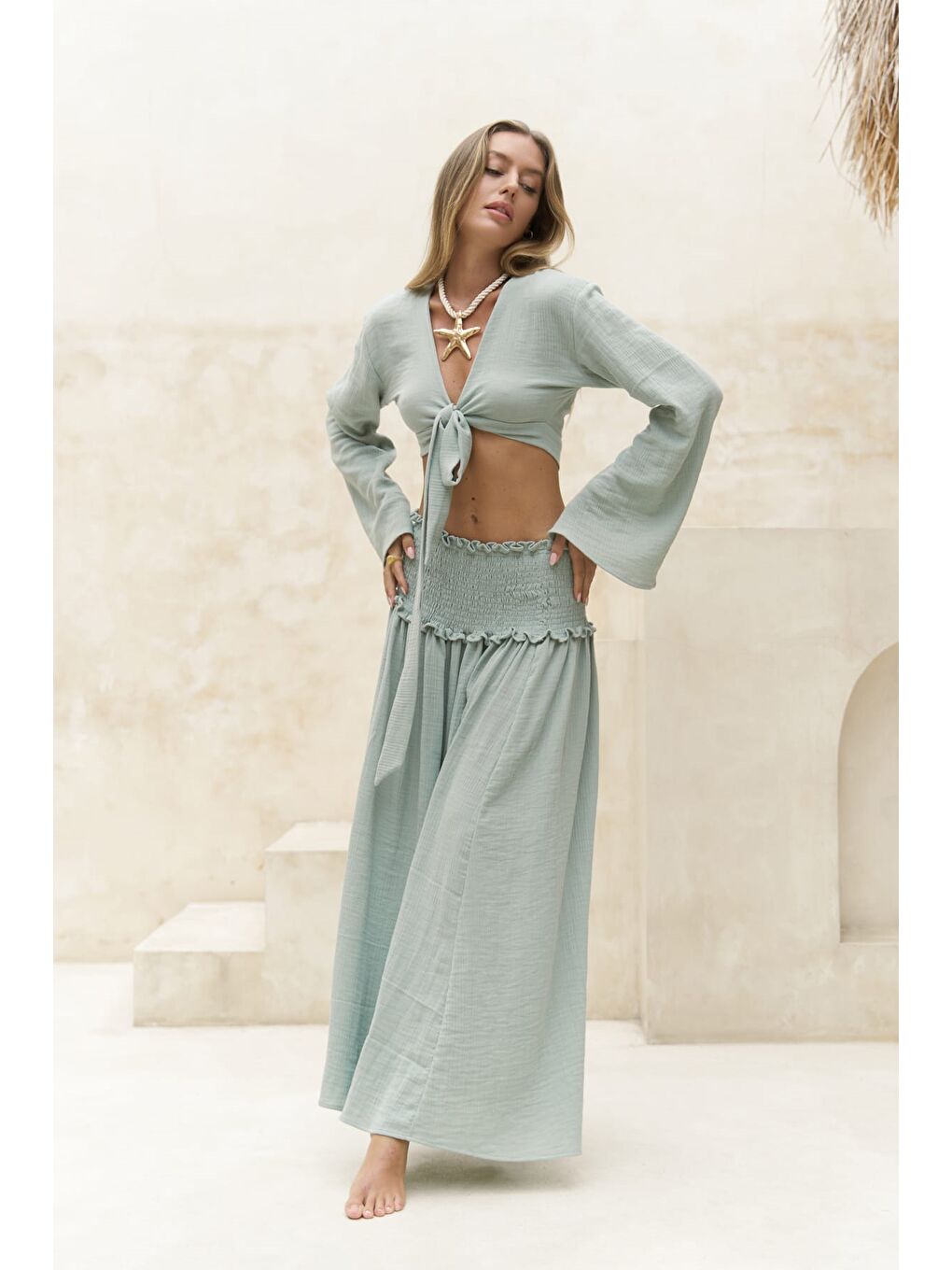 Yeşil Marshanda Çağla Crop Etek Takım