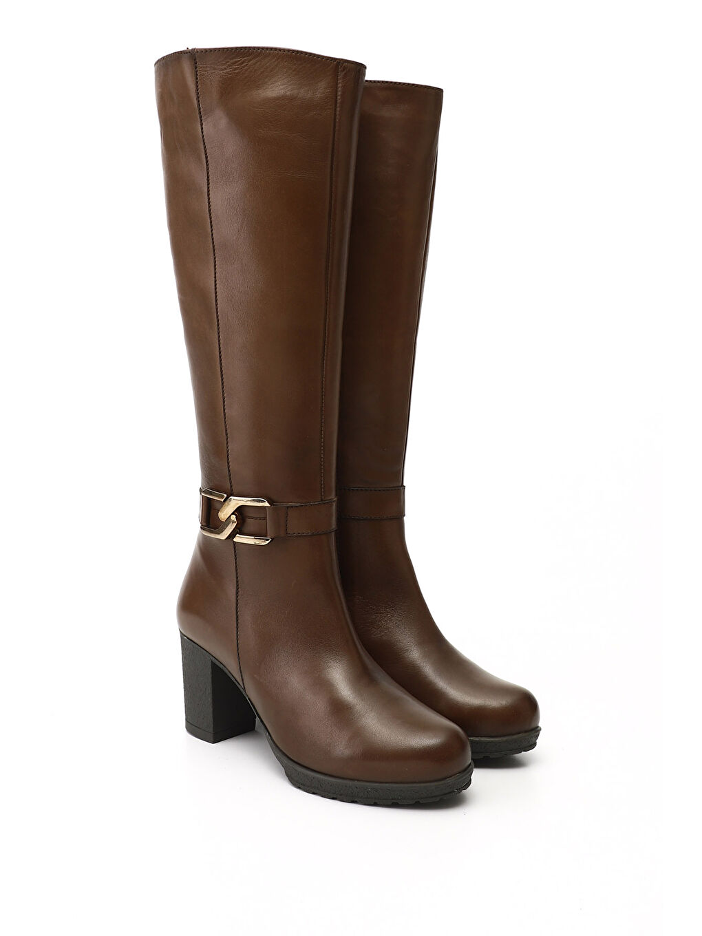 Kahverengi Kadın KAHVERENGİ Fermuarlı Kalın Topuklu Hakiki Deri Çizme-1