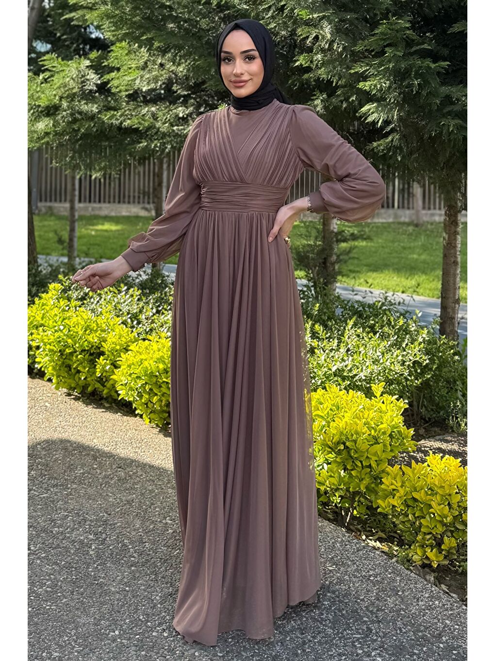 Bej Kadın Piliseli Bel Kuşak Detaylı Tüllü Tesettür Abiye-2