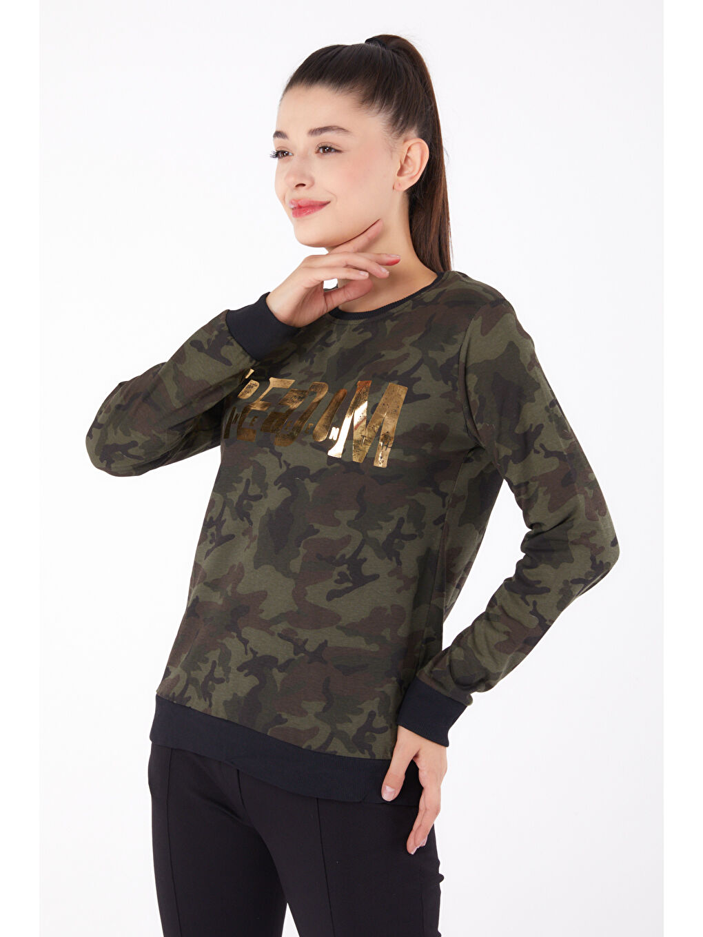 TOFİSA Düz Bisiklet Yaka Kadın Haki Baskılı Sweatshirt - 26294 - 1