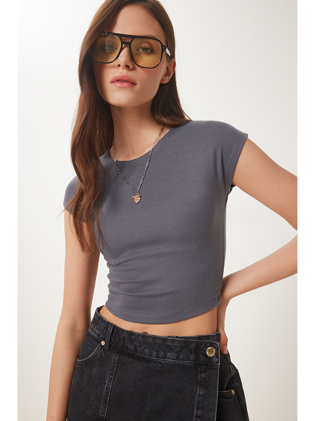 Gri Basic Crop Örme Bluz FÜME LFW0005-1