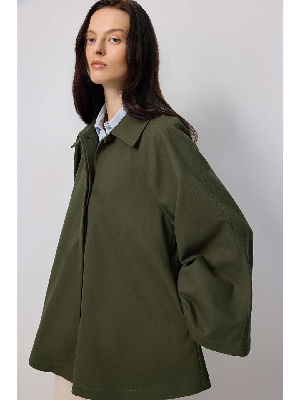 Haki Kısa Gabardin Trençkot-3