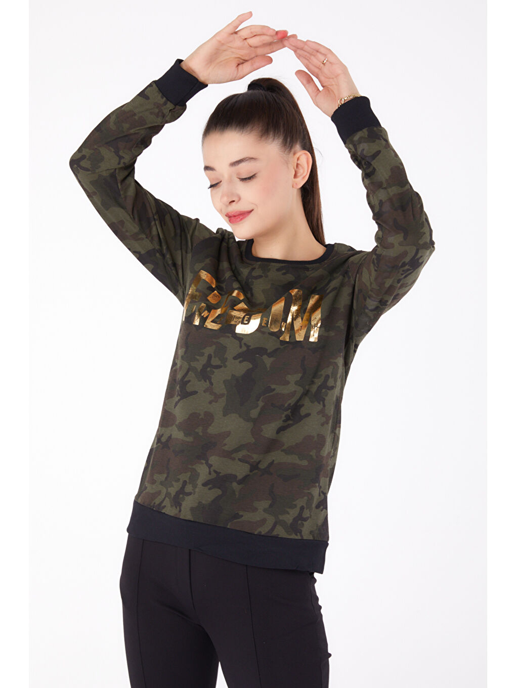 TOFİSA Düz Bisiklet Yaka Kadın Haki Baskılı Sweatshirt - 26294 - 2