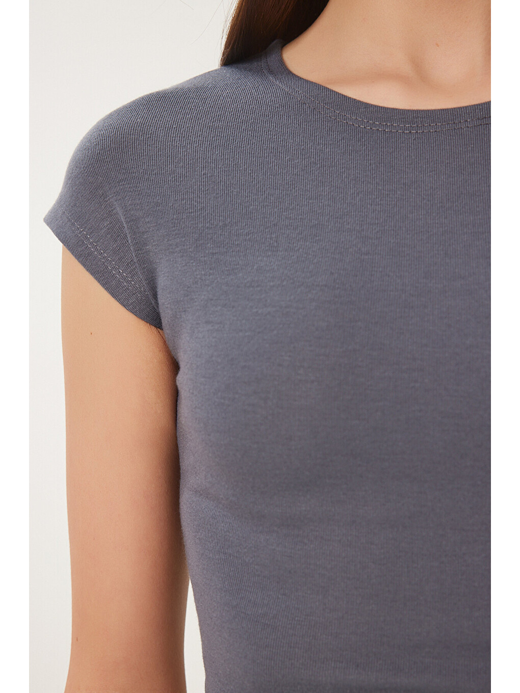Gri Basic Crop Örme Bluz FÜME LFW0005-3