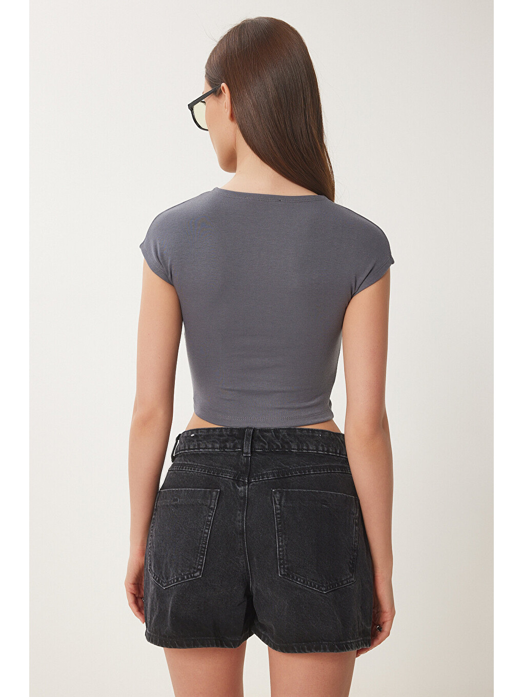 Gri Basic Crop Örme Bluz FÜME LFW0005-4