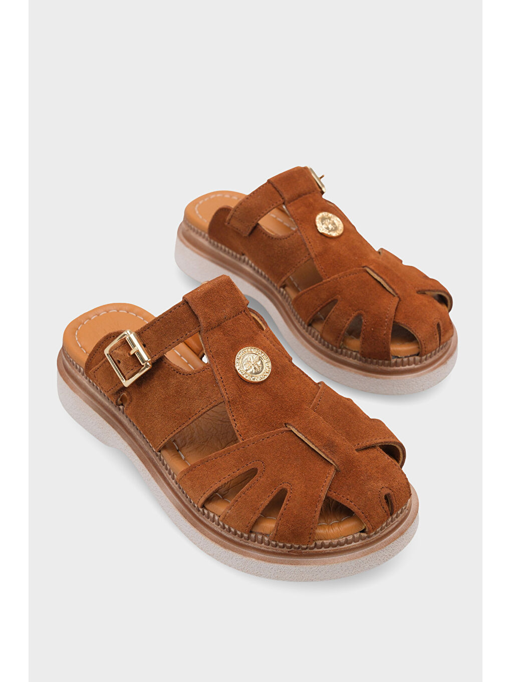 Kahverengi Cheri Hakiki Süet Gladyatör Dolgu Topuk Kadın Terlik-1