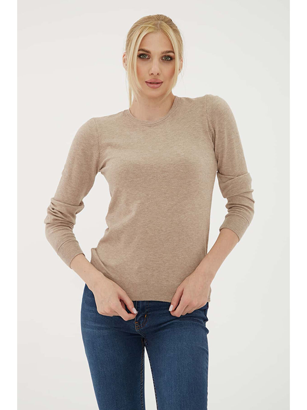 Bej Regular Fit Bisiklet Yaka Kazak 25K0777K1-2