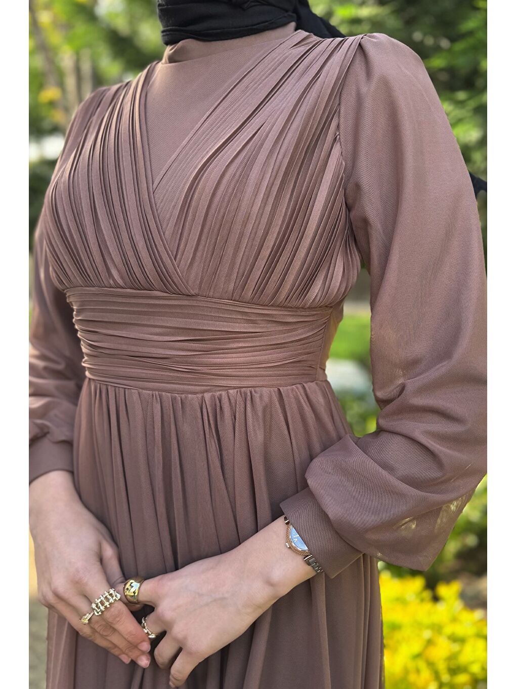 Bej Kadın Piliseli Bel Kuşak Detaylı Tüllü Tesettür Abiye-4