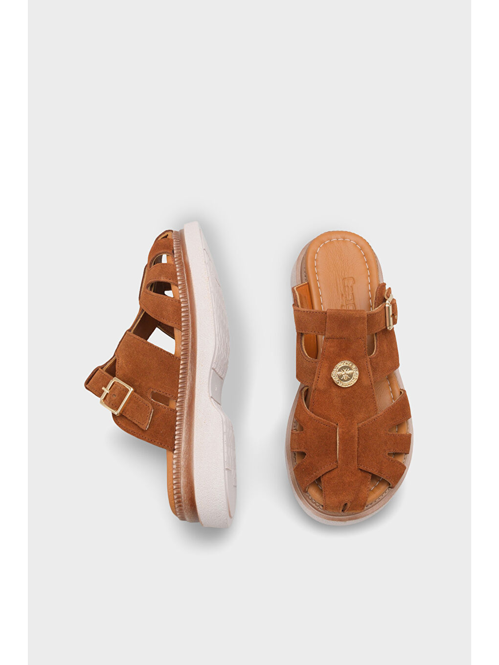 Kahverengi Cheri Hakiki Süet Gladyatör Dolgu Topuk Kadın Terlik-4