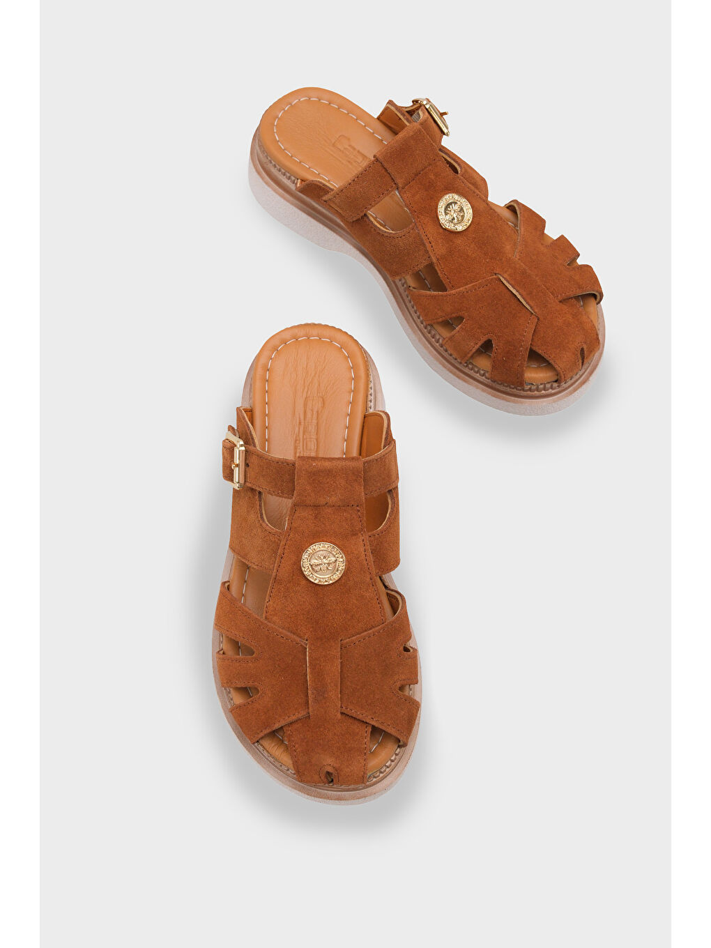 Kahverengi Cheri Hakiki Süet Gladyatör Dolgu Topuk Kadın Terlik-5