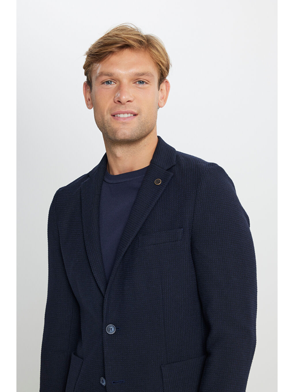 Erkek Lacivert Yünlü Slim Fit Dar Kesim Mono Yaka Desenli Torba Cepli Ceket-4