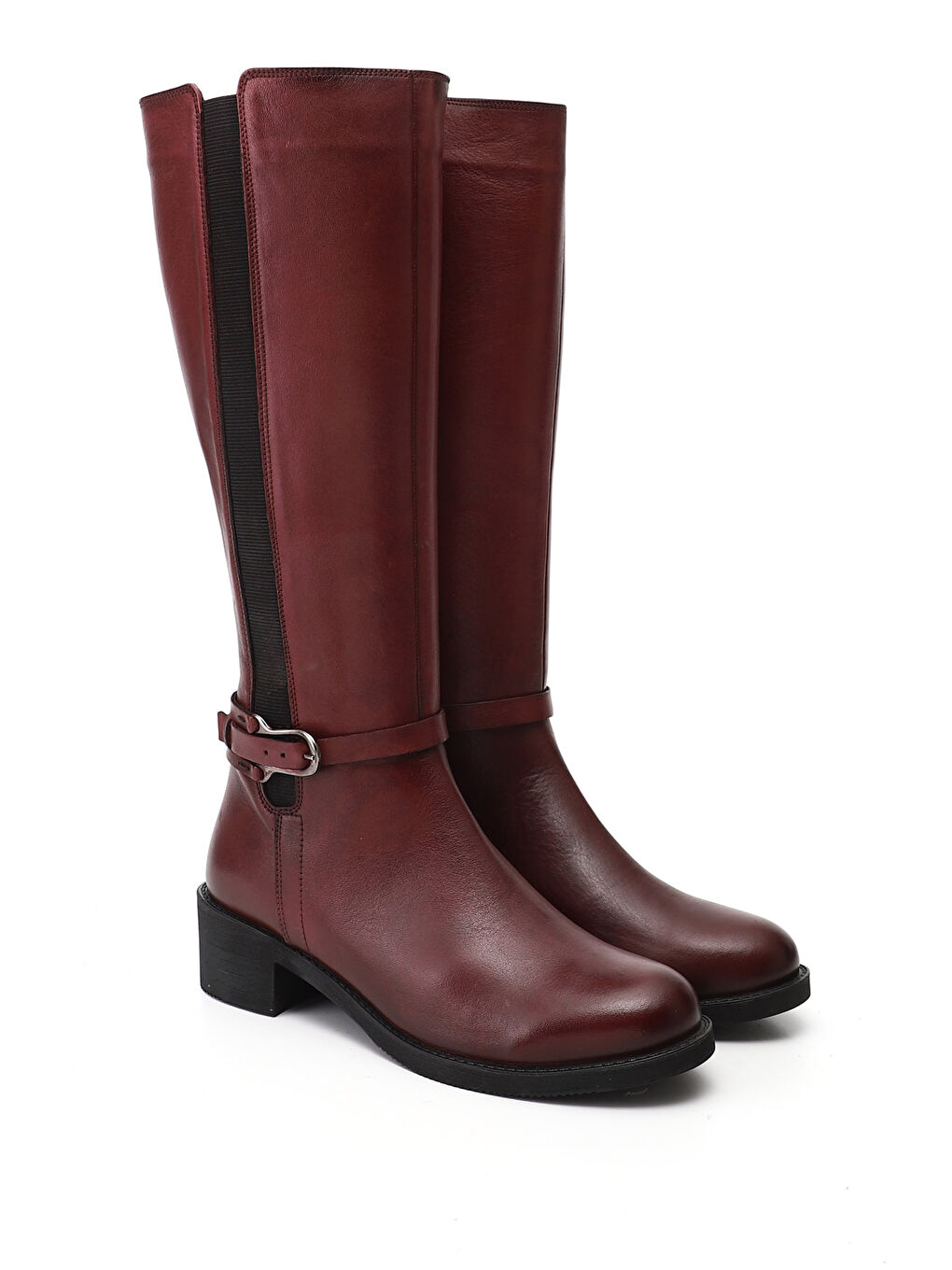 Bordo Kadın KOYU BORDO Fermuarlı Kalın Topuklu Hakiki Deri Çizme-1