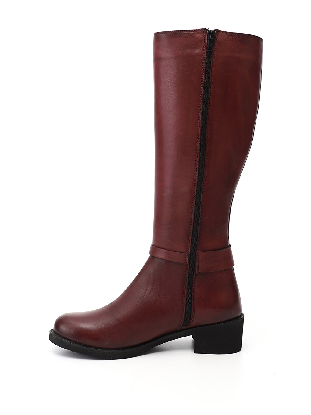 Bordo Kadın KOYU BORDO Fermuarlı Kalın Topuklu Hakiki Deri Çizme-2