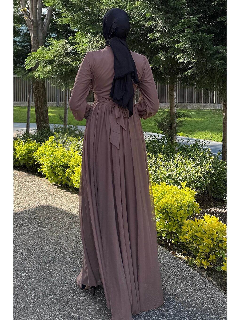 Bej Kadın Piliseli Bel Kuşak Detaylı Tüllü Tesettür Abiye-7