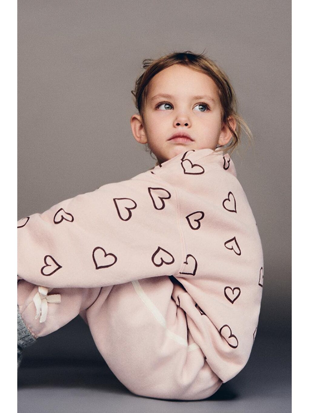 Kız Çocuk Pamuklu Pembe Kalp Desenli Sweatshirt Ve Eşofman Altı Takım