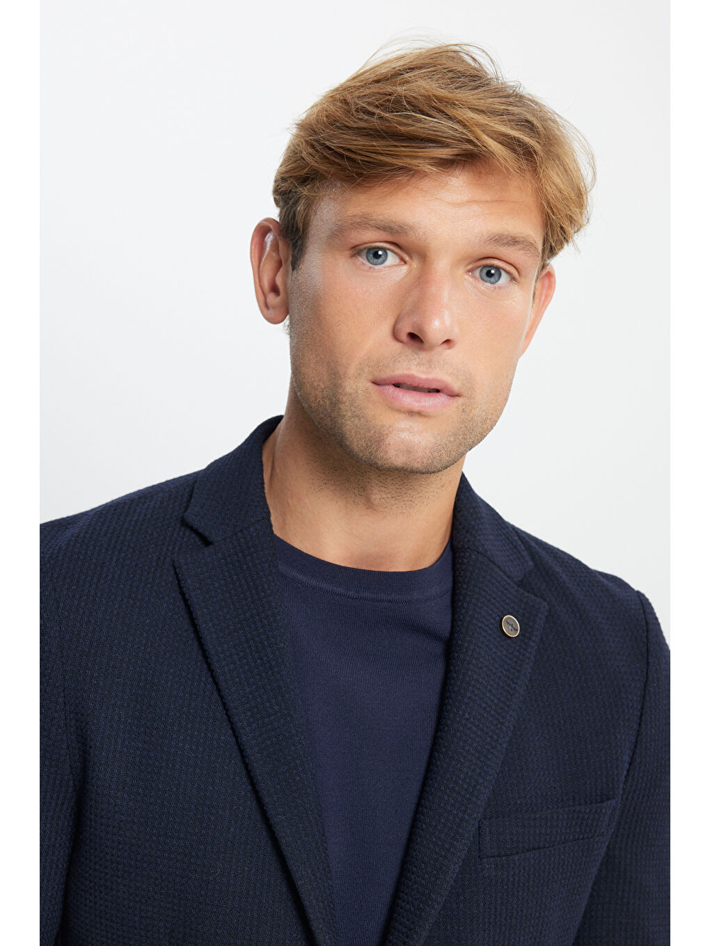 Erkek Lacivert Yünlü Slim Fit Dar Kesim Mono Yaka Desenli Torba Cepli Ceket-5