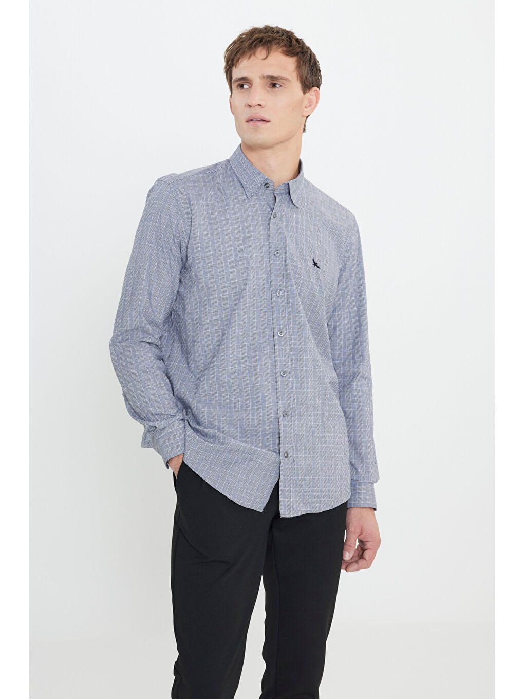 Erkek Gri-Beyaz %100 Pamuk Oxford Slim Fit Dar Kesim Gizli Düğmeli Yaka Kareli Gömlek-2