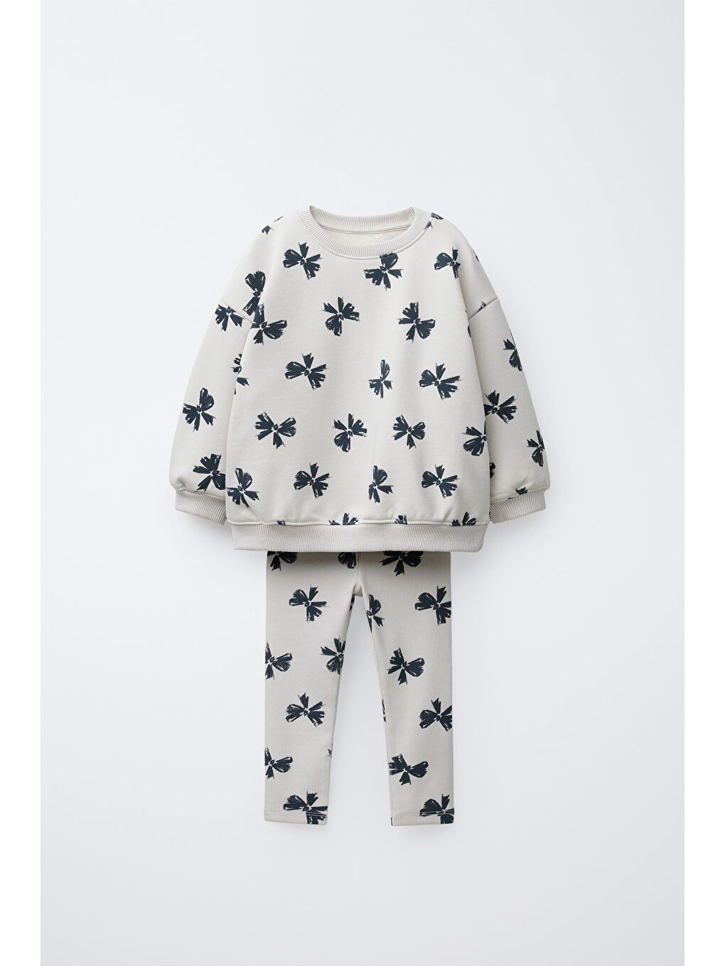 Karışık Kız Çocuk Pamuklu Krem Fiyonk Desenli Sweatshirt Ve Tayt Takım