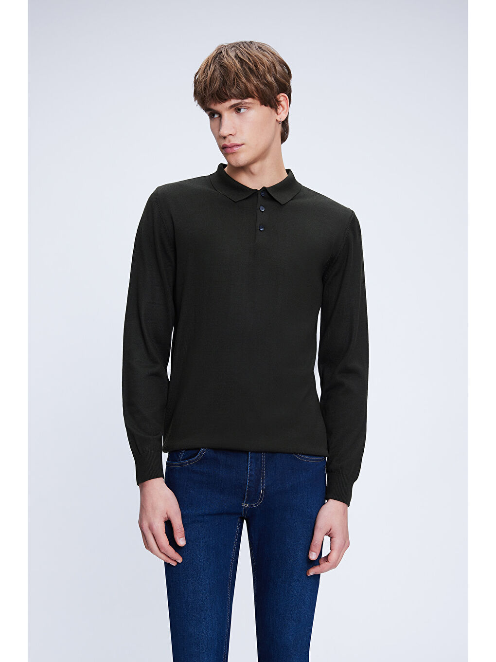 Haki Regular Fit Düz Polo Yaka Yünlü Triko Kazak