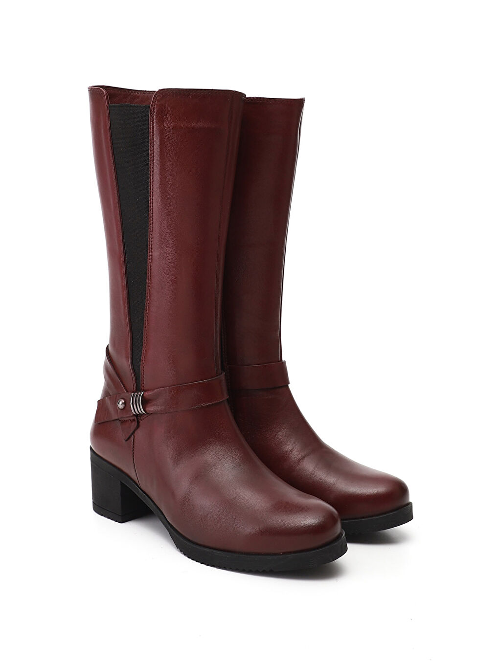 Bordo Kadın KOYU BORDO Fermuarlı Kalın Topuklu Hakiki Deri Çizme-1
