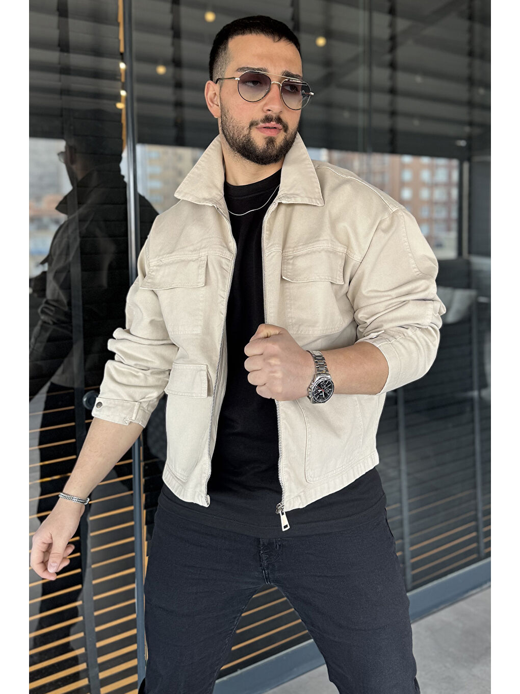 Bej Erkek Ön Fermuarlı Oversize Ceket