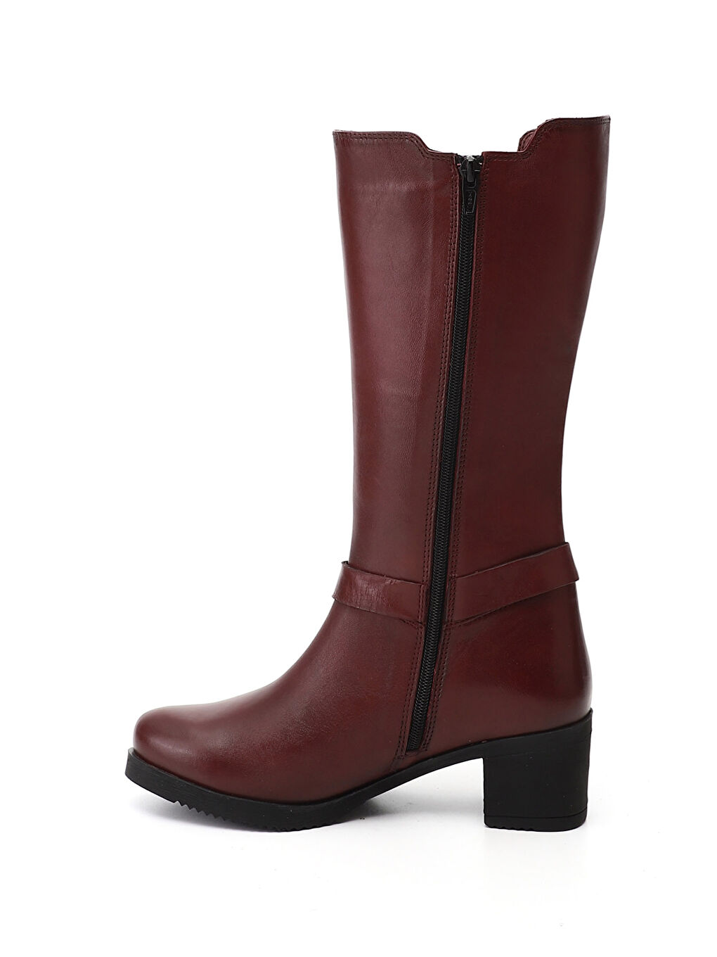 Bordo Kadın KOYU BORDO Fermuarlı Kalın Topuklu Hakiki Deri Çizme-2