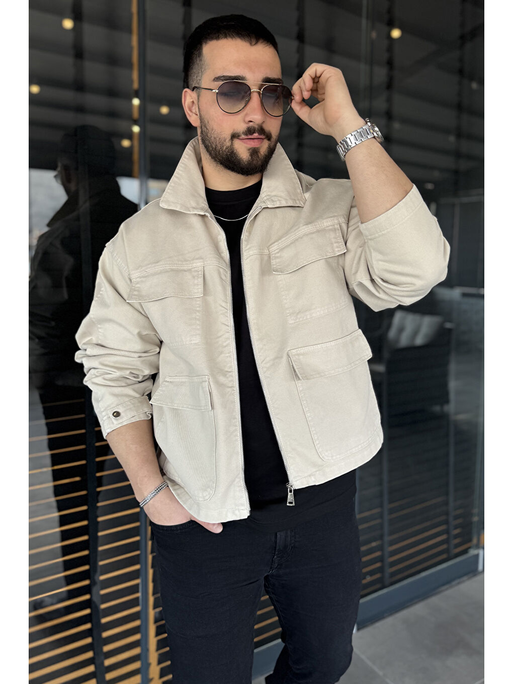 Bej Erkek Ön Fermuarlı Oversize Ceket-1