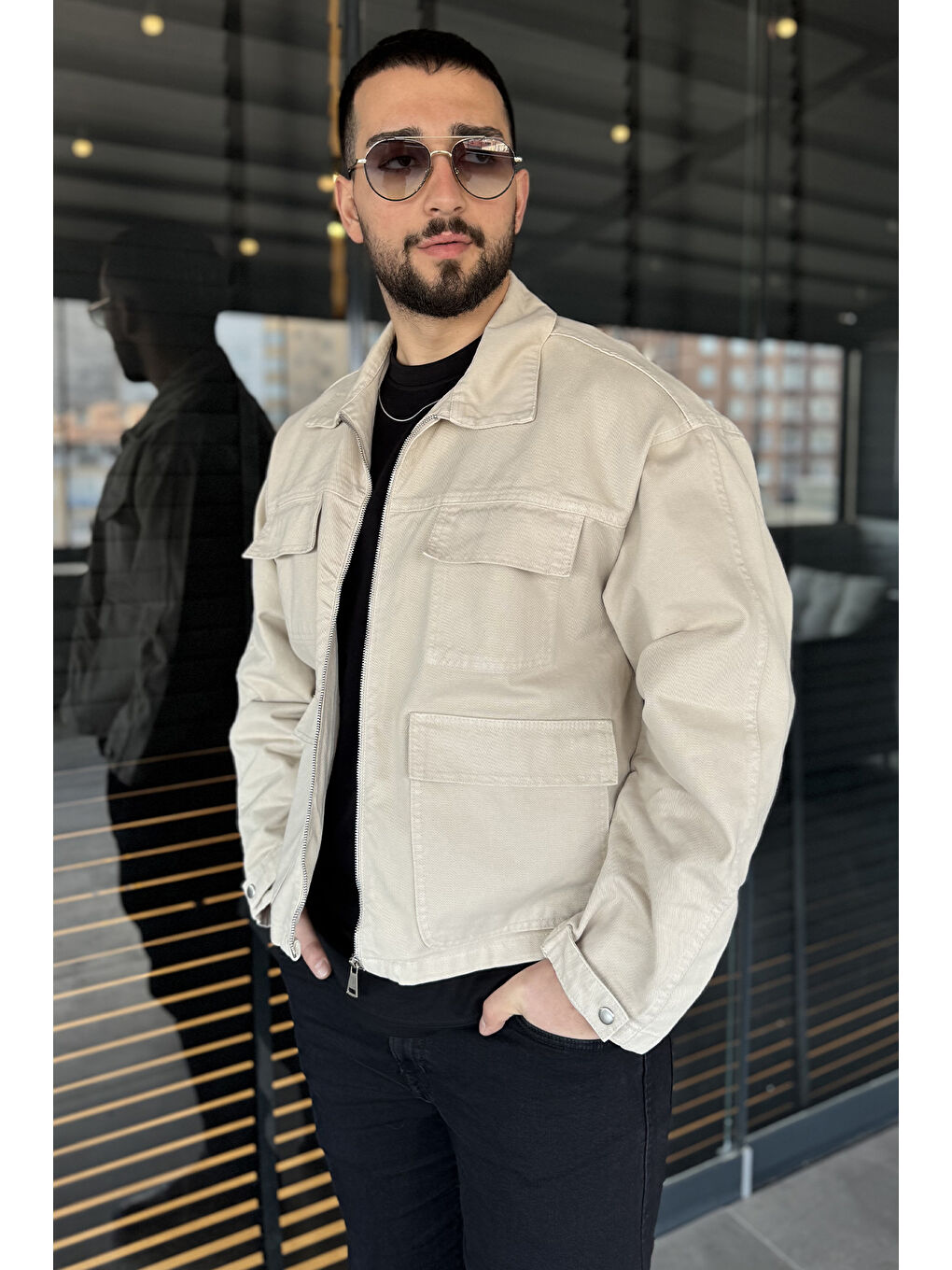Bej Erkek Ön Fermuarlı Oversize Ceket-2