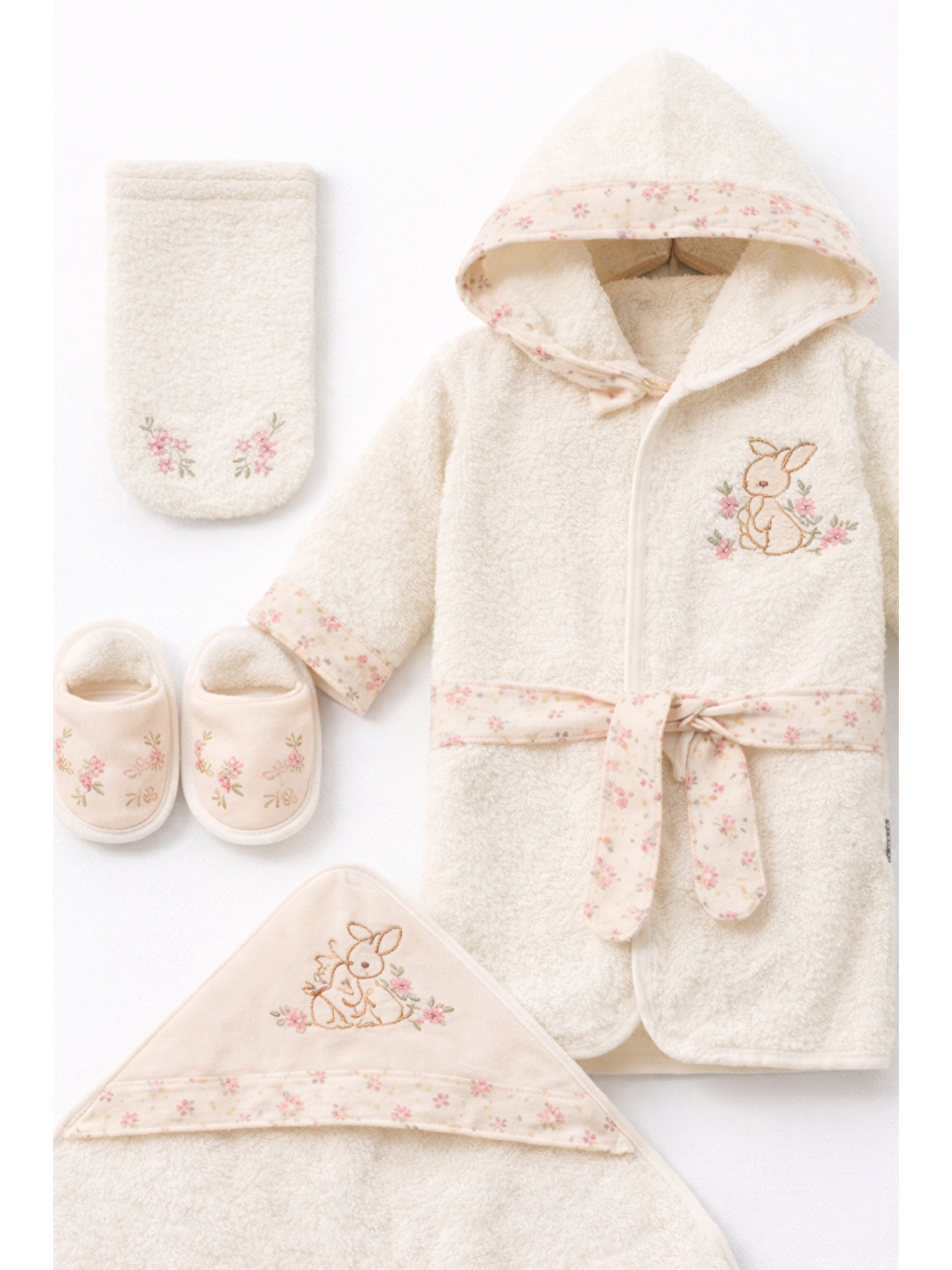 Ekru Kız Bebek 4lü Kutulu Lüx Hediyelik Bornoz Havlu Seti Takımı 0-24ay Pamuklu-1