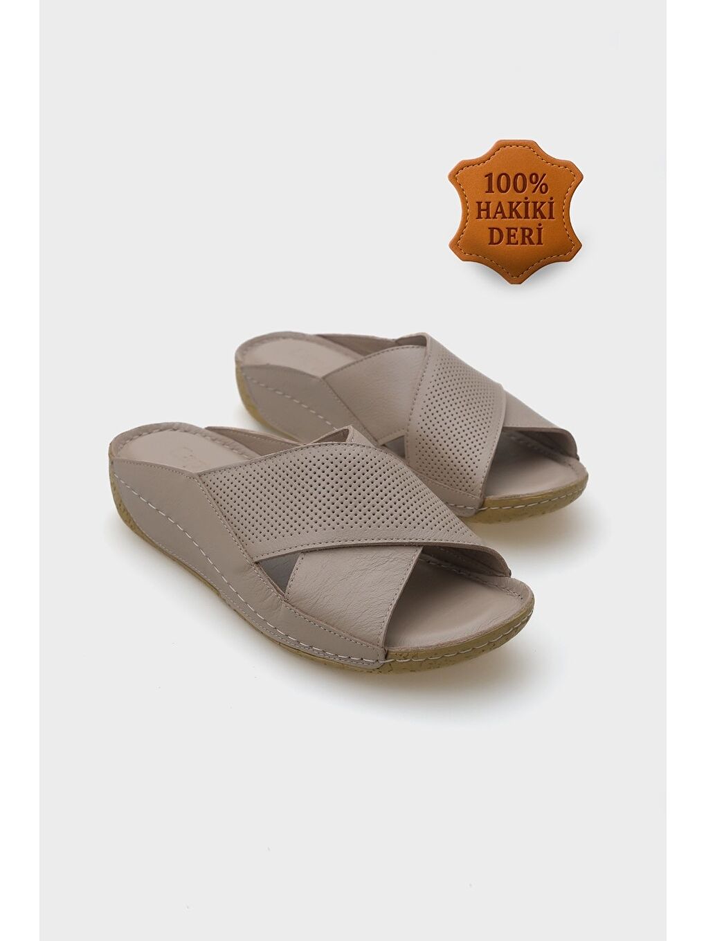 Bej Nissa Çapraz Bantlı Deri Konfor Anatomik Kadın Terlik-1