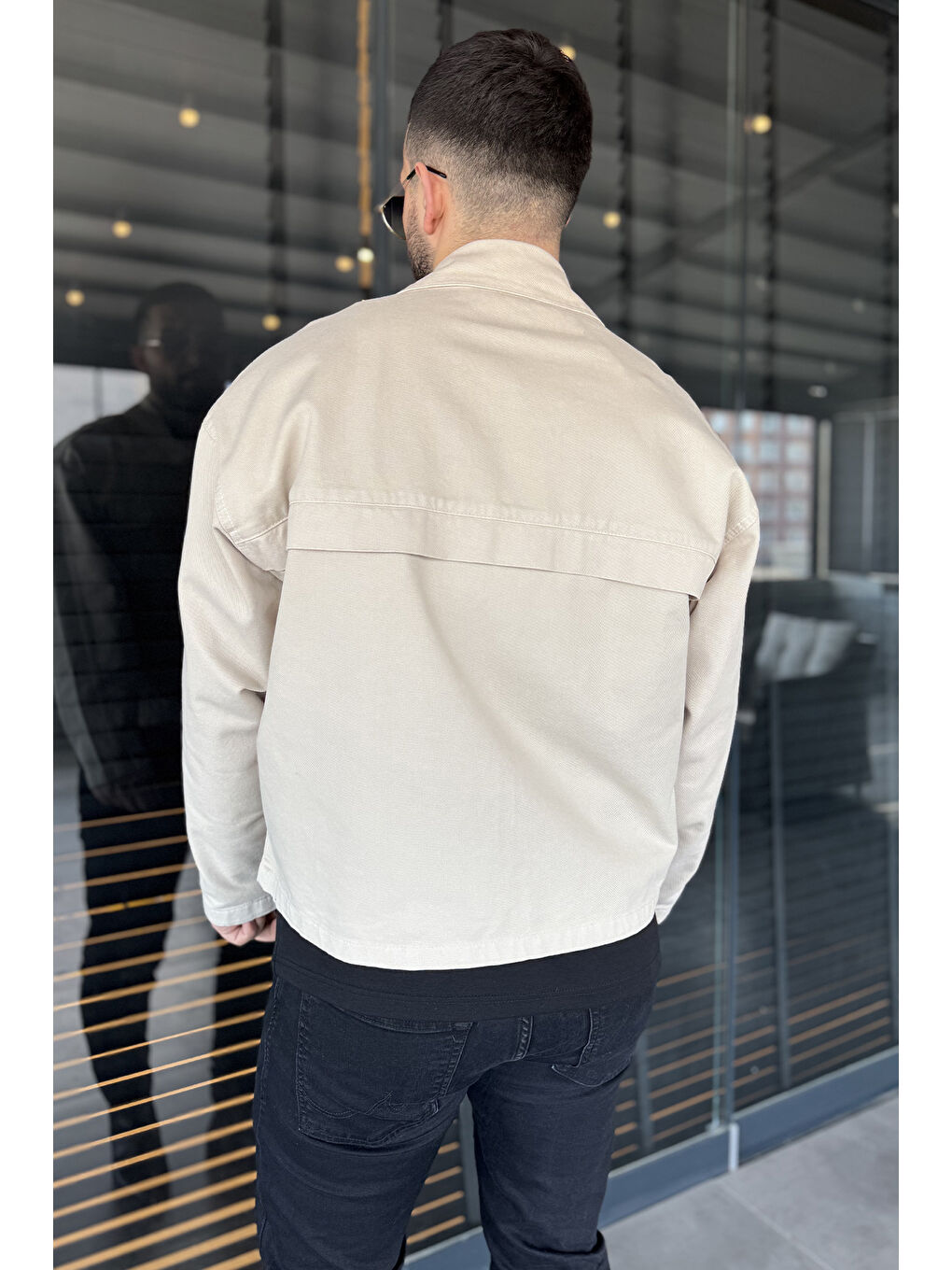 Bej Erkek Ön Fermuarlı Oversize Ceket-3