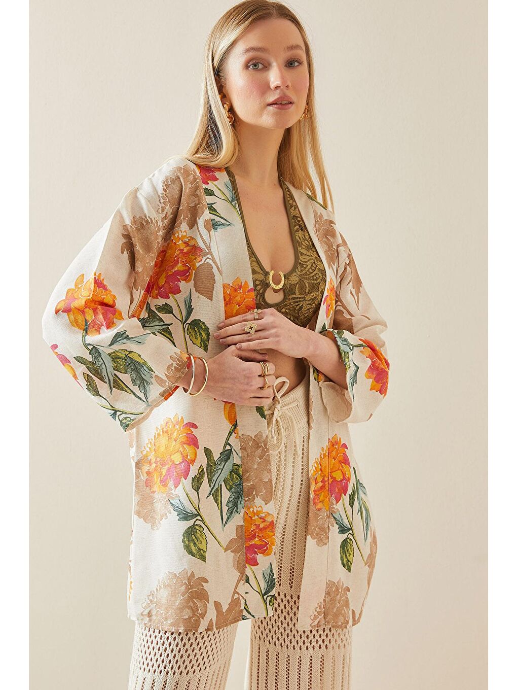 Turuncu Çiçek Desenli Oversize Kimono 5YXK4-48061-11-2