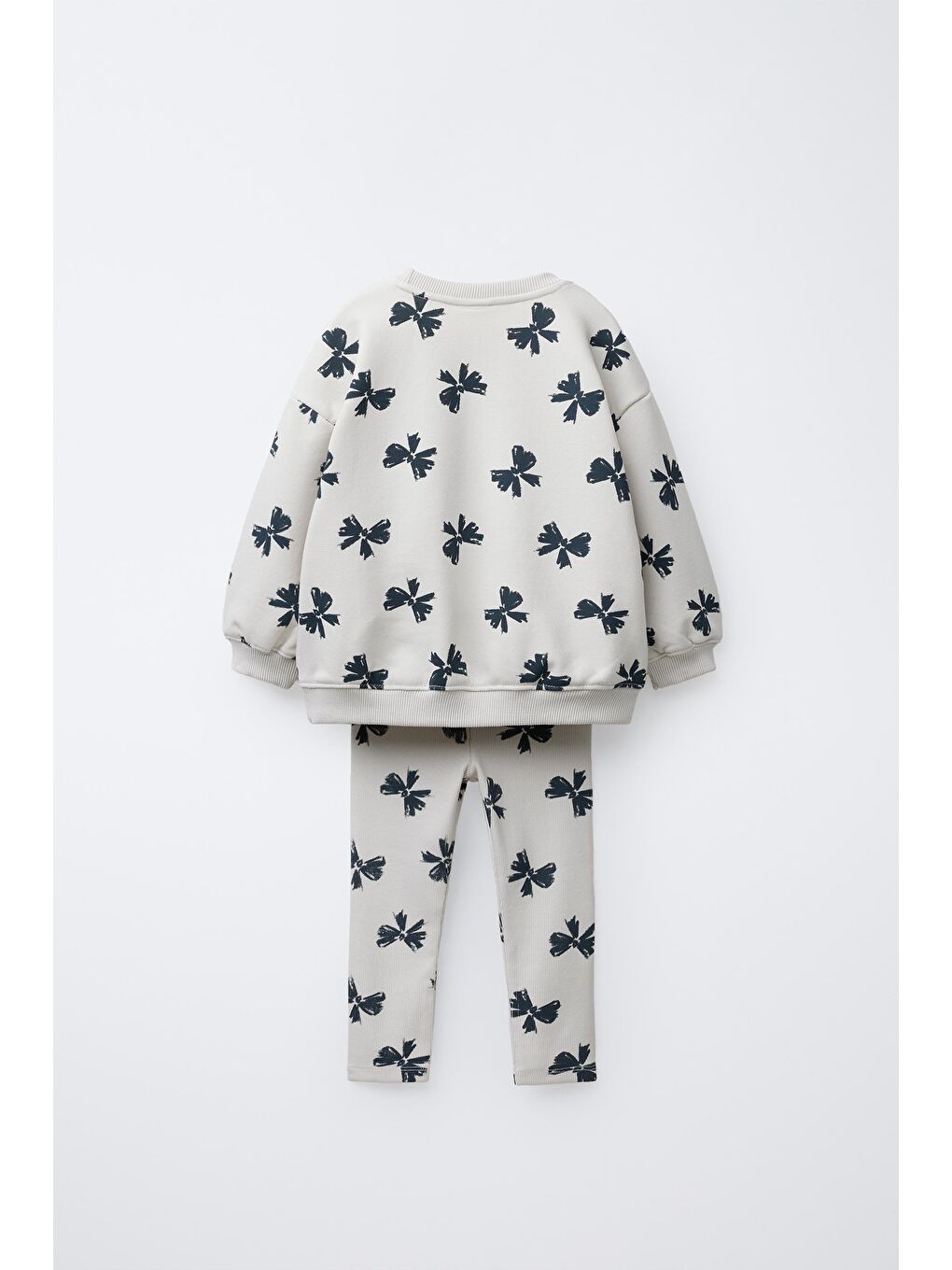 Karışık Kız Çocuk Pamuklu Krem Fiyonk Desenli Sweatshirt Ve Tayt Takım-1
