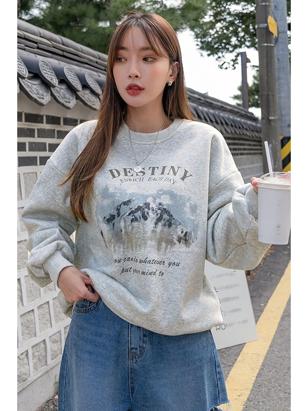 Gri Destiny Baskılı Oversize Sweatshirt-1