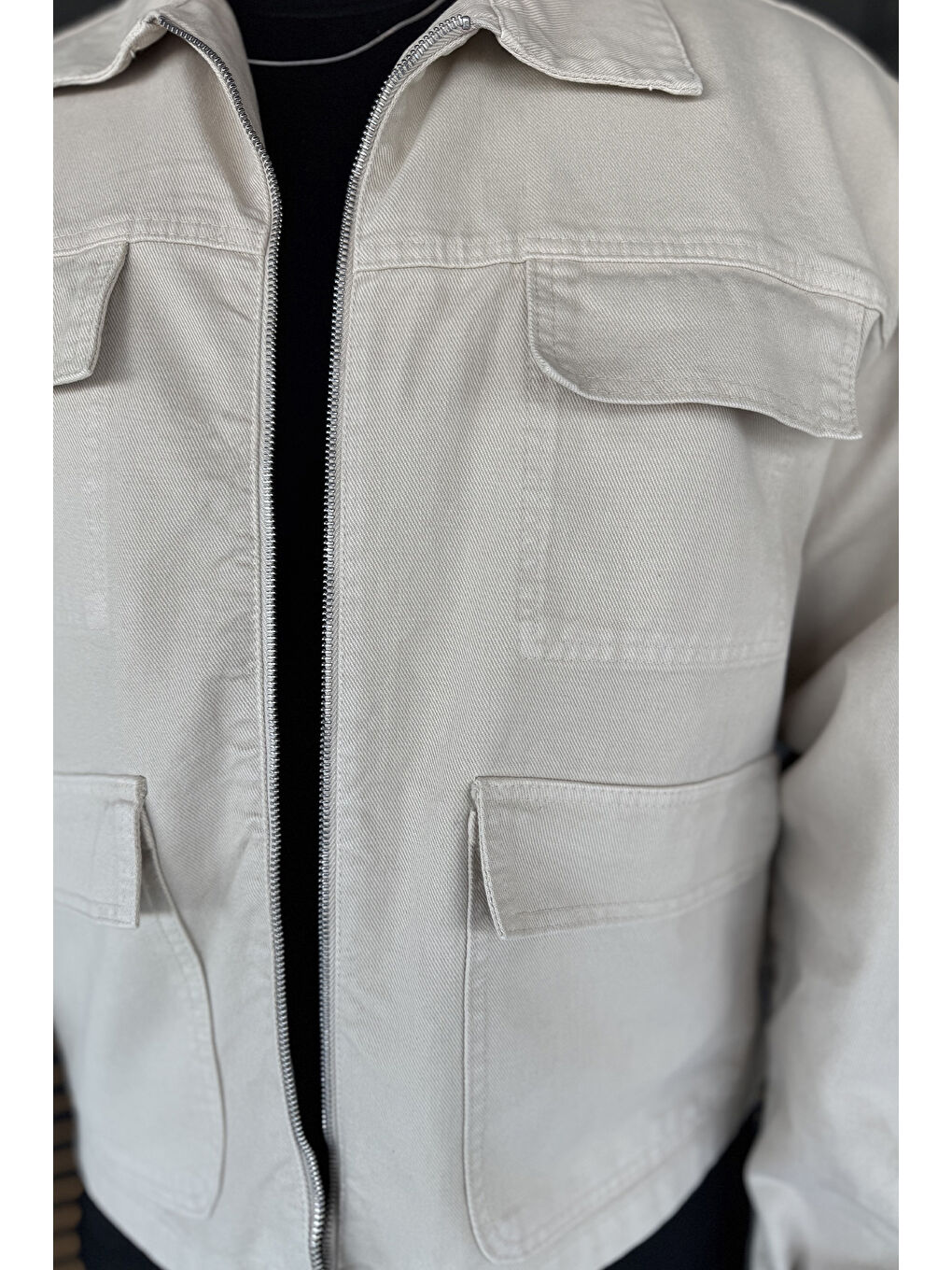 Bej Erkek Ön Fermuarlı Oversize Ceket-4