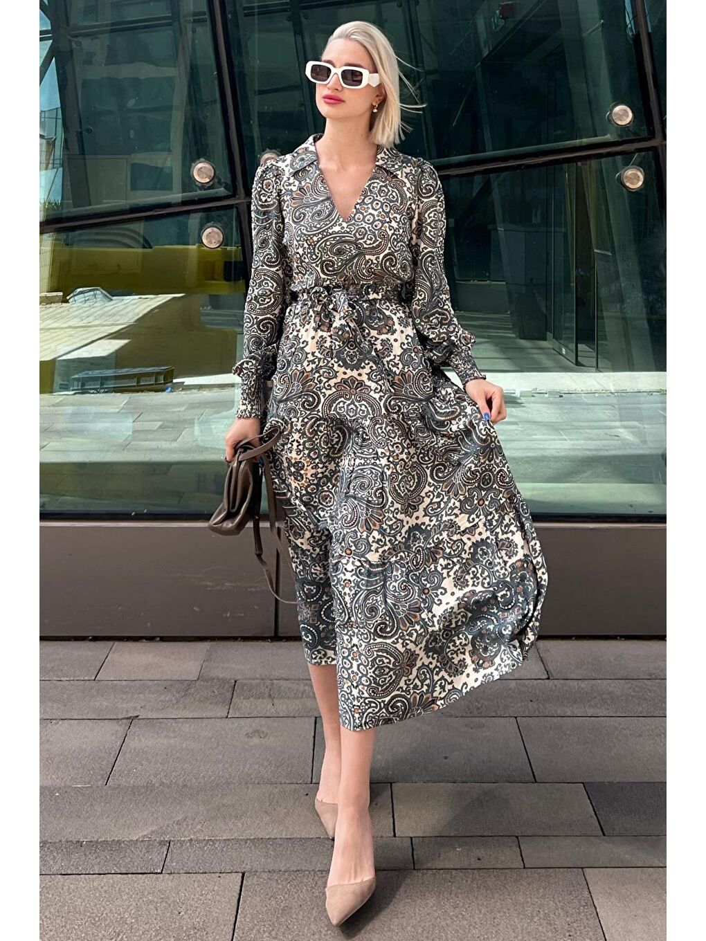 Yeşil Desenli Kruvaze Yaka Uzun Kadın Elbise Mg2052-2