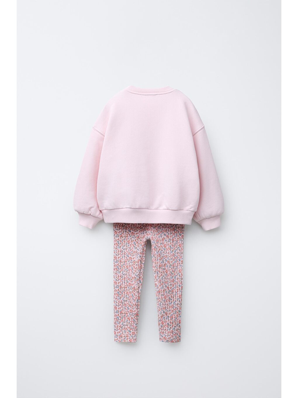 Kız Çocuk Pamuklu Pembe Fiyonk Desenli Sweatshirt Ve Çiçek Desenli Tayt Takım-1