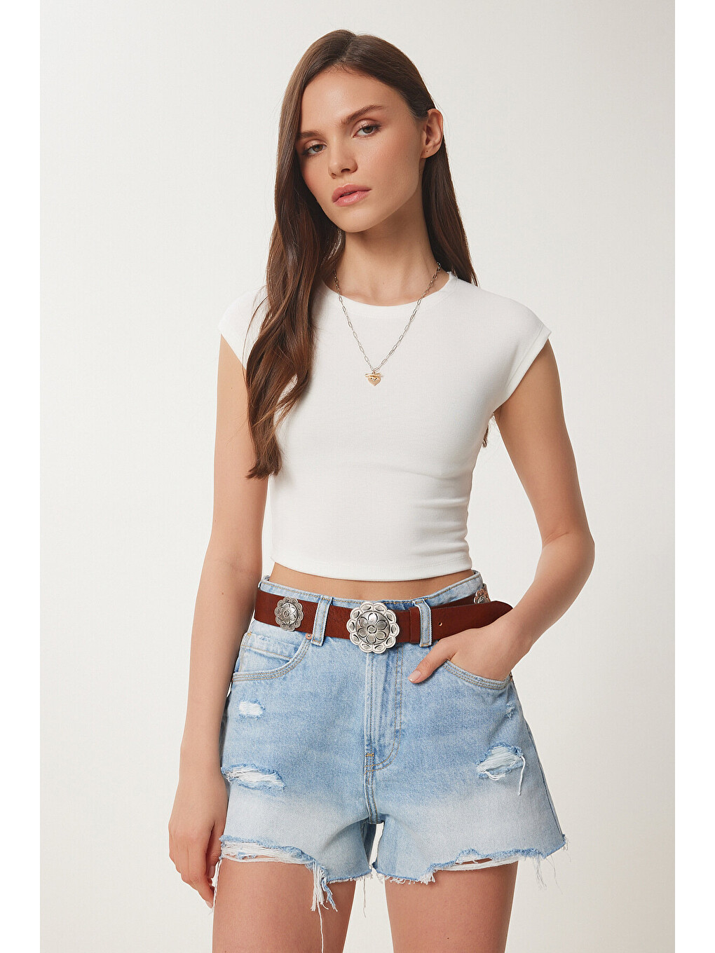 Beyaz Basic Crop Örme Bluz KEMİK LFW0005