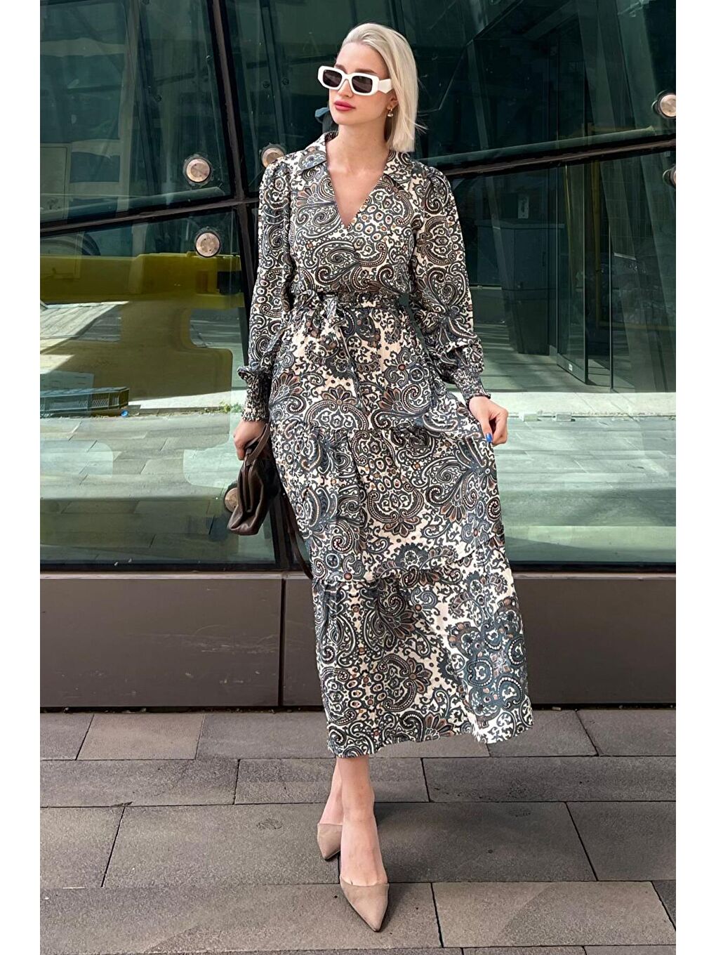 Yeşil Desenli Kruvaze Yaka Uzun Kadın Elbise Mg2052-1