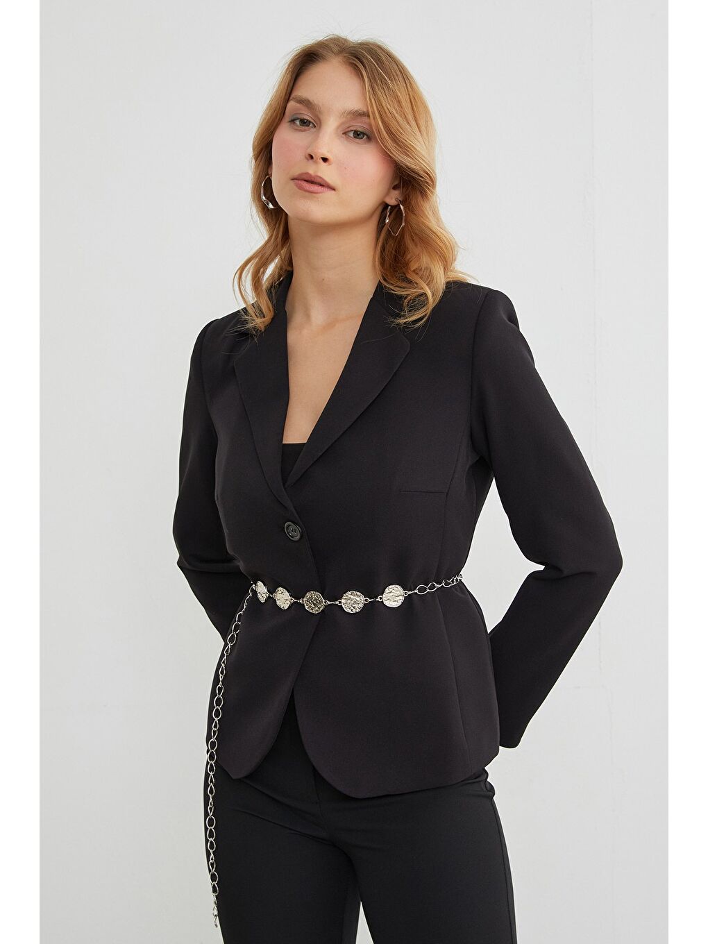 Gri Yuvarlak Plaka Detaylı Zincir Kemer-2