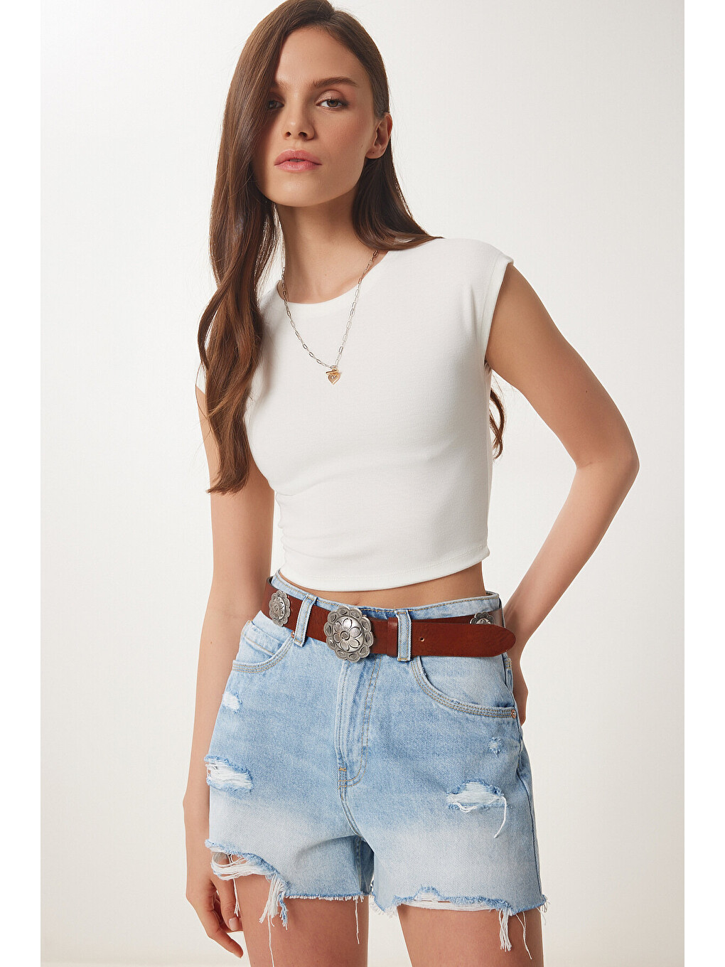 Beyaz Basic Crop Örme Bluz KEMİK LFW0005-1