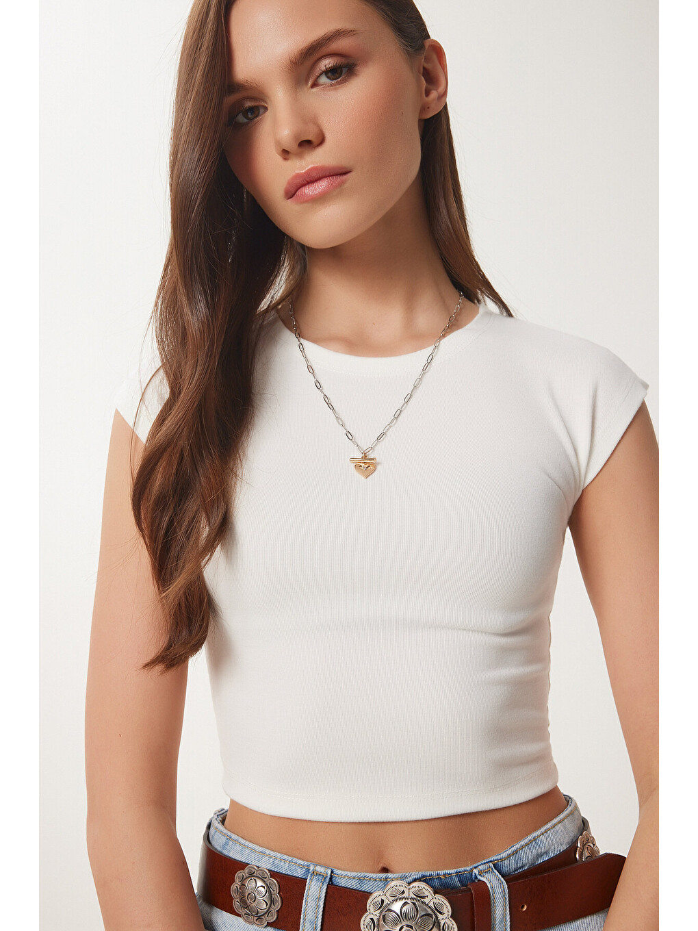 Beyaz Basic Crop Örme Bluz KEMİK LFW0005-2