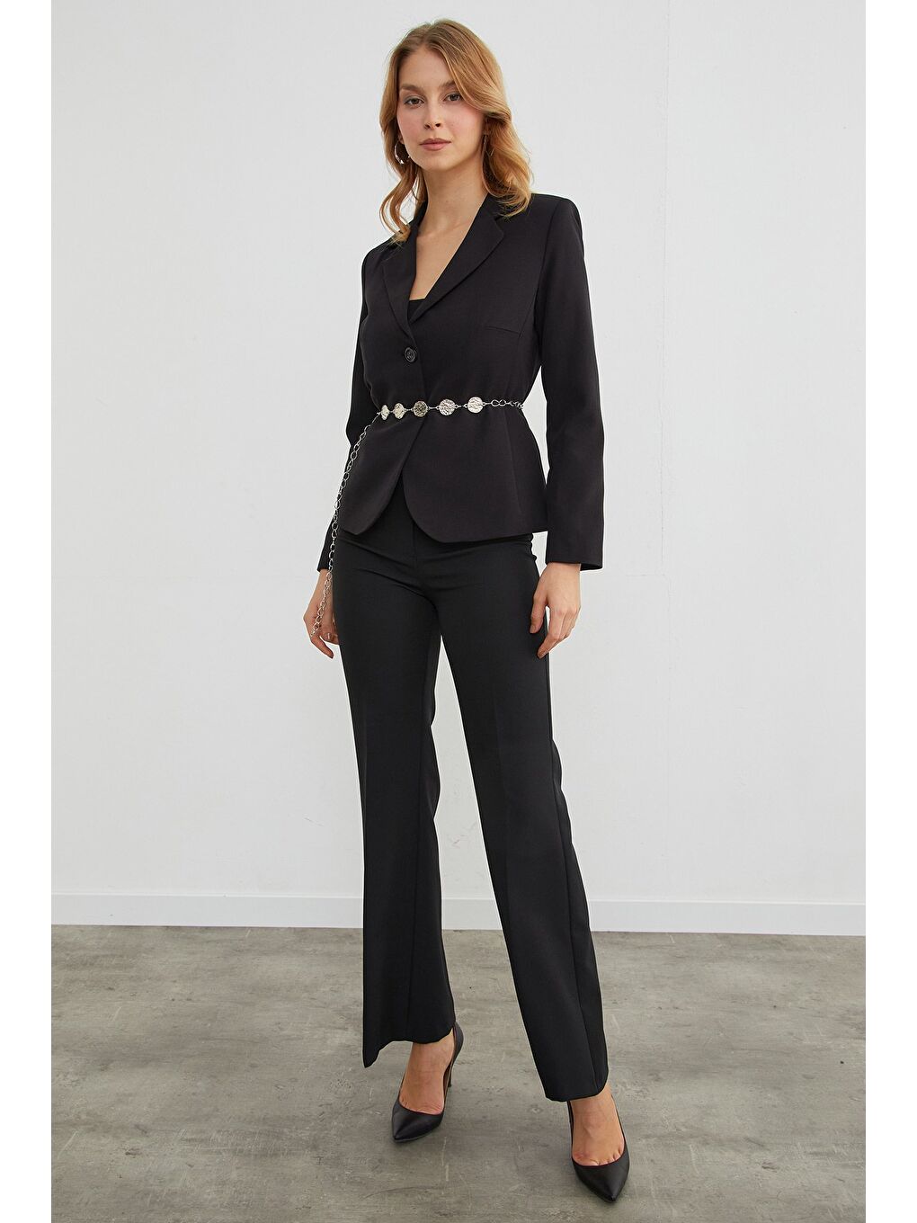 Gri Yuvarlak Plaka Detaylı Zincir Kemer-3