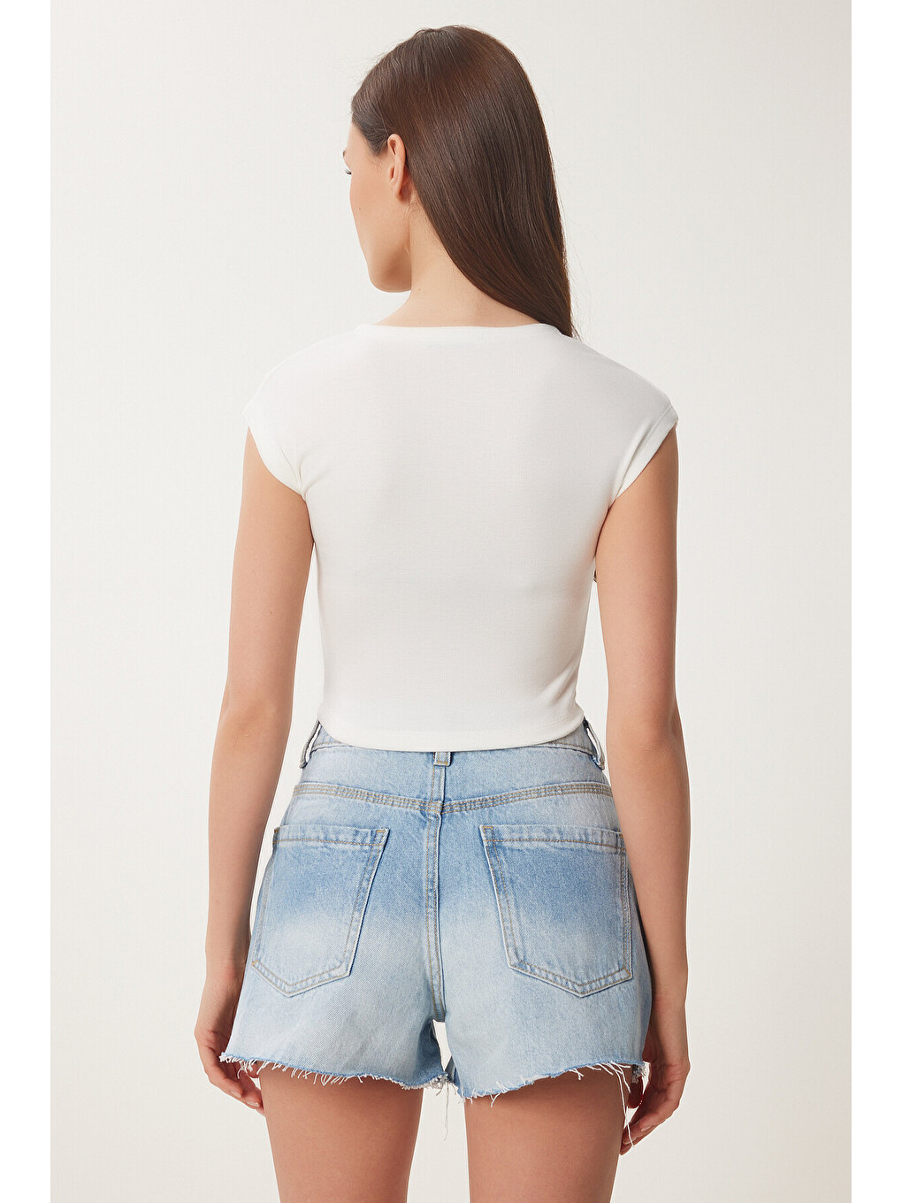 Beyaz Basic Crop Örme Bluz KEMİK LFW0005-4