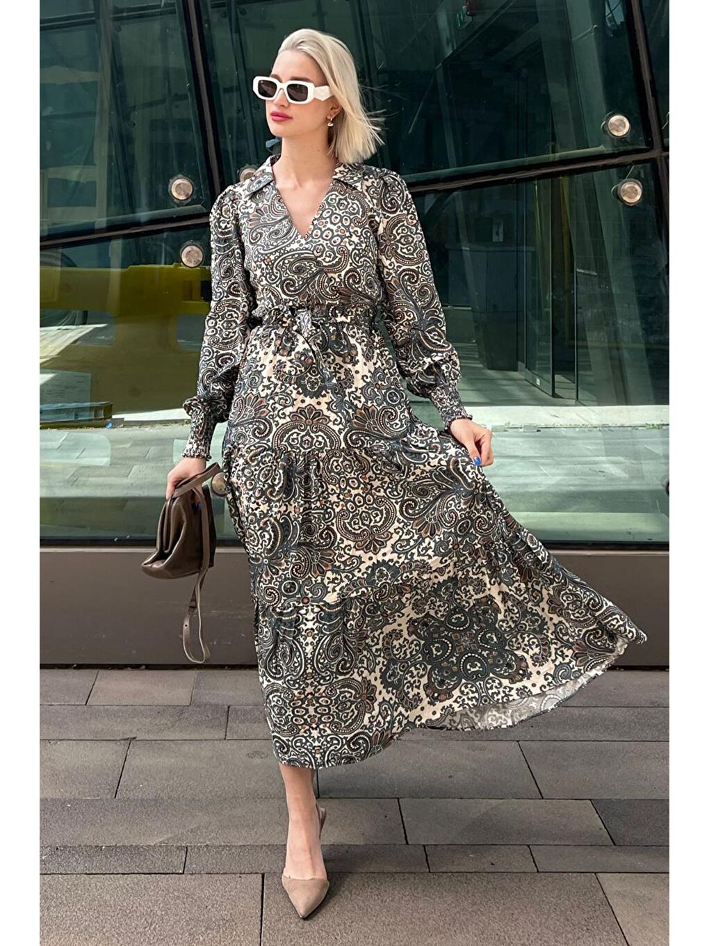 Yeşil Desenli Kruvaze Yaka Uzun Kadın Elbise Mg2052